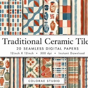 Mediterranean Ceramic Tile Digital Paper, Spanish Portuguese Seamless Pattern Bundle, Vintage Coastal Printable Papers