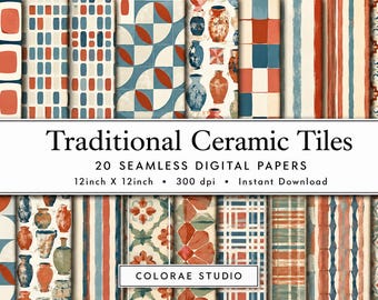 Mediterranean Ceramic Tile Digital Paper, Spanish Portuguese Seamless Pattern Bundle, Vintage Coastal Printable Papers