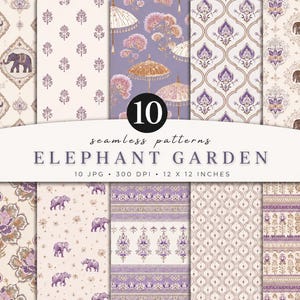 Peut inclure: Une collection numérique de 10 motifs sans couture intitulée Elephant Garden, présentant des illustrations violettes et crème d'éléphants, de motifs floraux et de parasols. Chaque fichier mesure 30,48 x 30,48 cm à 300 DPI, en format JPG.