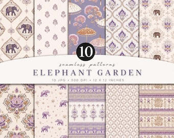 Elephant Garden Seamless Pattern Bundle | Indian Digital Paper | Lavender Lotus Pattern | Royal Elephant Scrapbook Paper | Mughal  Fabric