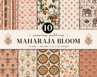 Maharaja Bloom Seamless Pattern Bundle | Indian Floral Digital Paper | Mughal Garden | Elephant Botanical Scrapbook Paper | Luxury Fabric