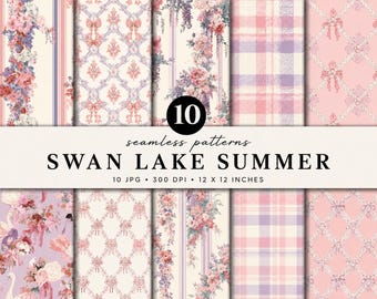 Swan Lake Summer Seamless Pattern Bundle | Coquette Digital Paper | Pink Floral Swan Patterns | Cottagecore Scrapbook Paper |  Chic Prints