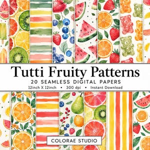 Op de afbeelding: Een collectie van 20 naadloze digitale papieren getiteld Tutti Fruity Patterns van Colorae Studio. De ontwerpen bevatten aquarelillustraties van sinaasappels, aardbeien, watermeloenen, kiwi's, bosbessen, peren, gummibeertjes en strepen.