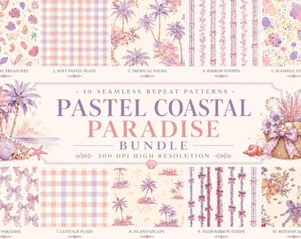 Pastel Coastal Paradise Digital Paper Bundle, Beach  Seashell Seamless Patterns, Pink Purple Tropical Papers, Coastal Scrapbook