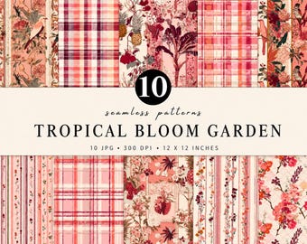 Tropical Bloom Garden Seamless Pattern Bundle | Tropical Floral Digital Paper | Pink Botanical Pattern | Bird Garden Scrapbook Paper