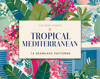 Mediterranean Escape Seamless Pattern Bundle, 14 Digital Papers, Coastal Courtyard Pattern, Italian Summer Print, Tropical Botanical PNG