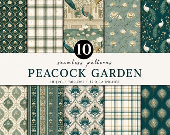 Peacock Garden Seamless Pattern Bundle | Peacock Digital Paper | Luxury Botanical Pattern | Indian Palace Scrapbook Paper |Fabric Design