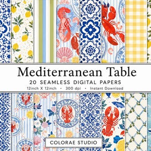 Könnte beinhalten: Eine Sammlung von 20 nahtlosen digitalen Papieren mit dem Titel Mediterranean Table, die Muster aus roten Hummern, blau-weißen Fliesen, gelben Zitronen, Vichy-Karos und Streifen zeigen. Jedes Papier misst 12inch x 12inch bei 300 dpi.