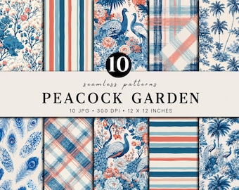 Peacock Garden Seamless Pattern Bundle | Blue Chinoiserie Digital Paper | Peacock Floral Pattern Pack | Coastal Botanical Prints