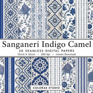 Könnte beinhalten: Eine Sammlung von 20 nahtlosen digitalen Papieren mit dem Titel Sanganeri Indigo Camel, 30,48 cm x 30,48 cm, 300 dpi. Die Muster zeigen blau-weiße Blumenmotive, geometrische Formen und Illustrationen von Kamelen mit verzierten Sätteln.