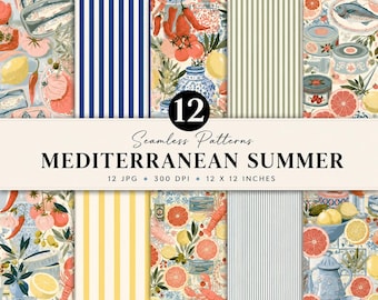 mediterraner Sommer, nahtloses Muster, italienisches Küstenpapier, Fisch-Küchenmuster, Zitronen-Tomate-Fliesen-Druck