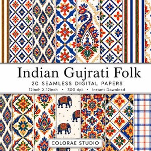 May include: A collection of 20 seamless digital papers titled Indian Gujrati Folk, 12inch x 12inch, 300 dpi. The patterns feature vibrant motifs including peacocks, elephants, geometric diamonds, stripes, and floral designs in red, blue, and gold.