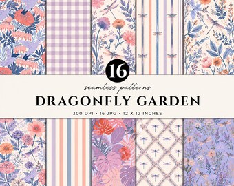 Dragonfly Garden Seamless Pattern Bundle, Dragonfly Digital Paper, Cottagecore Floral Pattern, Lavender Garden Fabric Design