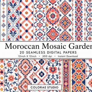 May include: A collection of 20 seamless digital papers titled Moroccan Mosaic Garden, featuring intricate floral and geometric patterns in shades of coral, navy blue, and white. Each paper measures 30.48 cm by 30.48 cm at 300 dpi resolution.