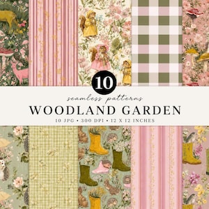 Pacote de Estampas Sem Costura de Animais da Floresta, Papel Digital Floresta Cottagecore, Papel para Scrapbook com Ouriço e Cogumelo, Estampa de Floresta