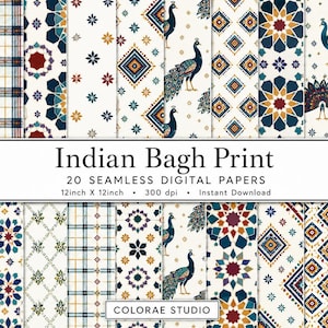 May include: A collection of 20 seamless digital papers titled Indian Bagh Print, featuring patterns of elephants, peacocks, geometric shapes, and plaid designs in blue, red, yellow, and white. Each paper is 12 inches by 12 inches at 300 dpi.