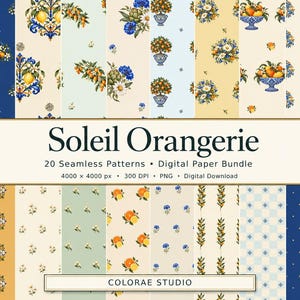 Op de afbeelding: Een digitaal papierpakket getiteld Soleil Orangerie met 20 naadloze patronen. De ontwerpen bevatten illustraties van sinaasappels, citroenen, bloemen en blauw-wit aardewerk op crèmekleurige, blauwe en lichtgroene achtergronden.