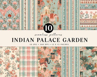 Indian Palace Garden Seamless Pattern Bundle | Mughal Digital Paper | Elephant Floral Pattern | Indian Block Print Scrapbook Paper