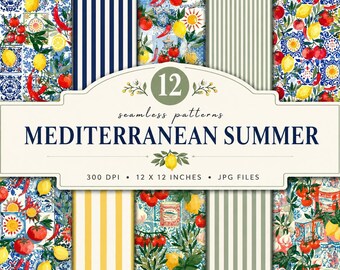 Mediterranean Summer Seamless Pattern Bundle, Italian Lemon Digital Paper, Mediterranean Tile Pattern, Coastal Fabric Design, Scrapbook Pack