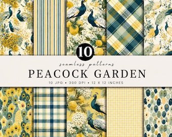 Peacock Garden Seamless Pattern Bundle | Pink Peacock Digital Paper | Shabby Chic Floral Pattern | Cottagecore Scrapbook Paper