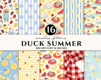 Duck Summer Seamless Pattern Bundle, Cute Duck Digital Paper, Strawberry Lemon Summer Pattern, Nursery Fabric Design