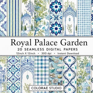 Może przedstawiać: Kolekcja 20 bezszwowych papierów cyfrowych zatytułowana Royal Palace Garden, zawierająca niebiesko-białe wzory, w tym łuki architektoniczne, motywy kwiatowe, geometryczne kafelki, kratę, żaglówki i słonie w formacie 30,48 cm.