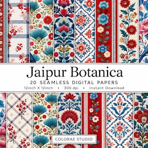 Könnte beinhalten: Eine Sammlung von 20 nahtlosen digitalen Papieren mit dem Titel Jaipur Botanica, die 30,48 cm mal 30,48 cm bei 300 dpi messen. Die Muster zeigen lebendige rote und blaue Blumenmotive, botanische Ranken, Karomuster und blaue Vögel auf cremefarbenem Grund.