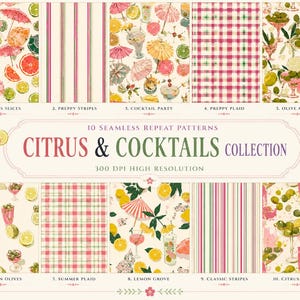 Diseños sin costuras de cócteles cítricos, papeles con estampado de rayas y cuadros de limón y lima veraniegos (descarga digital)