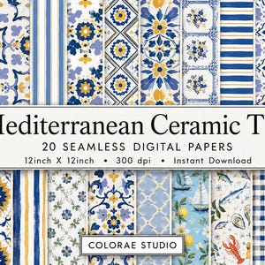 Op de afbeelding: Een collectie van 20 naadloze digitale papieren met mediterrane keramische tegelpatronen in blauw, geel en wit. De afbeelding toont diverse florale, gestreepte en nautische motieven, met de tekst Mediterranean Ceramic Tiles 20 SEAMLESS DIGITAL PAPERS 12inch X 12inch 300 dpi Instant Download COLORAE STUDIO.