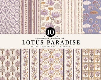 Lotus Paradise Seamless Pattern Bundle | Lotus Digital Paper | Lavender Floral Pattern | Indian Botanical Scrapbook Paper | Elegant Surface