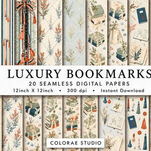 Può includere: Una collezione di 20 carte digitali senza cuciture con motivi di nappe, rametti botanici, libri impilati, fari e barche a vela in toni blu, arancione e crema. Il testo recita LUXURY BOOKMARKS 20 SEAMLESS DIGITAL PAPERS 12inch X 12inch 300 dpi Instant Download COLORAE STUDIO.