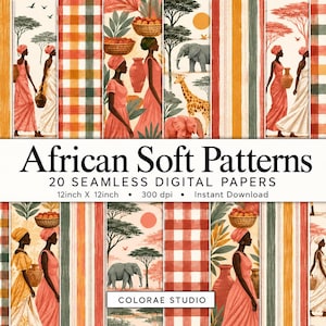 May include: A collection of 20 seamless digital papers titled African Soft Patterns, 12inch x 12inch, 300 dpi. The designs feature illustrations of African landscapes, elephants, giraffes, and people in traditional attire, alongside plaid and striped patterns.