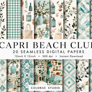 Może przedstawiać: Kolekcja 20 bezszwowych papierów cyfrowych pod tytułem CAPRI BEACH CLUB, 30,48 cm x 30,48 cm, 300 dpi. Wzory zawierają akwarelowe ilustracje turkusowo-białych płytek, gałązek kwiatowych, leżaków plażowych, latarni oraz wazonów.