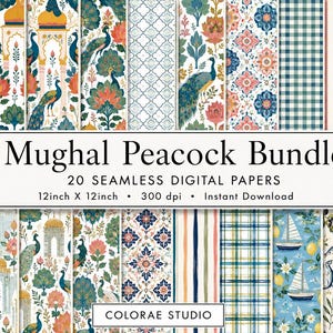Może przedstawiać: Kolekcja 20 bezszwowych papierów cyfrowych o nazwie Mughal Peacock Bundle, 30,48 cm x 30,48 cm, 300 dpi. Wzory przedstawiają pawie, motywy kwiatowe, łuki architektoniczne, kształty geometryczne, kratę, paski, żaglówki oraz ilustracje homarów.