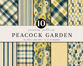 Peacock Garden Seamless Pattern Bundle | Peacock Feather Digital Paper | Plaid & Gingham Patterns | Blue Gold Botanical Prints