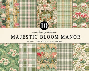 Majestic Bloom Manor Seamless Pattern Bundle | Vintage Floral Digital Paper | Manor Garden Pattern | Cottagecore BotanicalPaper Pack