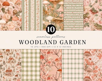 Woodland Garden Seamless Pattern Bundle | Cottagecore Digital Paper| Mushroom Floral Pattern| Frog Forest Scrapbook Paper | Botanical Design