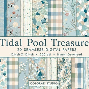 Op de afbeelding: Een collectie van 20 naadloze digitale papieren getiteld Tidal Pool Treasures, 30,48 cm x 30,48 cm, 300 dpi, Instant Download, Colorae Studio. De patronen bevatten blauwe, beige en witte kleurenpaletten met schelpen, kiezels en zeewier.