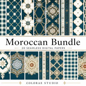 May include: A collection of 20 seamless digital papers titled Moroccan Bundle, featuring dark teal backgrounds with intricate white, gold, and brown geometric, floral, and plaid patterns. The text reads Moroccan Bundle 20 SEAMLESS DIGITAL PAPERS.