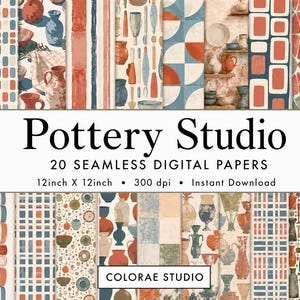 May include: A collection of 20 seamless digital papers titled Pottery Studio, featuring various patterns of ceramic vases, bowls, and abstract shapes in terracotta, blue, and cream tones. The text Pottery Studio and Colorae Studio is visible.