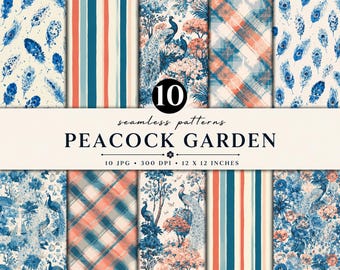 Peacock Garden Seamless Pattern Bundle | Blue Coral Peacock Digital Paper | Feather Pattern Pack | Plaid & Stripe Scrapbook Paper