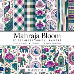 Może przedstawiać: Kolekcja 20 bezszwowych papierów cyfrowych o nazwie Mahraja Bloom, o wymiarach 30,48 cm na 30,48 cm przy 300 dpi. Wzory zawierają żywe ilustracje pawi, słoni, tygrysów, kwiatów lotosu i motywów architektonicznych w bogatej kolorystyce.