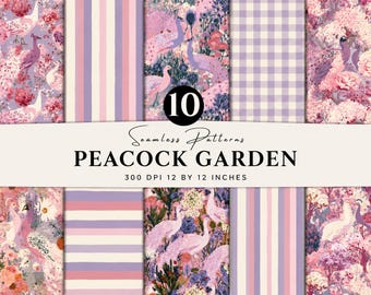 Pink Peacock Garden Seamless Pattern Bundle | Lavender Peacock Digital Paper | Floral Cottagecore Patterns | Gingham & Stripe Scrapbook