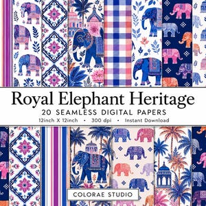 Może przedstawiać: Kolekcja 20 bezszwowych papierów cyfrowych pod tytułem Royal Elephant Heritage, 30,48 cm x 30,48 cm, 300 dpi. Wzory przedstawiają niebieskie, różowe i pomarańczowe słonie, palmy, ozdobne struktury architektoniczne, motywy geometryczne i paski.