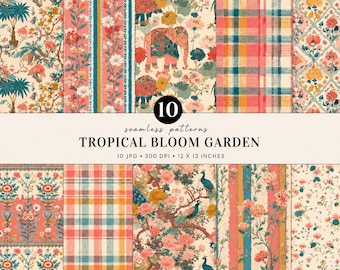 Tropical Bloom Garden Seamless Pattern Bundle | Elephant & Peacock Digital Paper | Indian Floral Pattern | Boho Botanical  Paper Pack