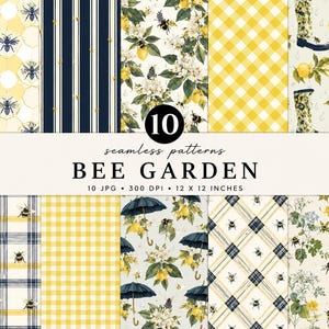 Puede incluir: Una colección digital de 10 patrones sin costuras titulada BEE GARDEN, con abejas, limones, flores, paraguas y botas de lluvia en amarillo, azul marino y blanco. La imagen muestra 10 archivos JPG, 300 DPI y 30,48 x 30,48 cm.