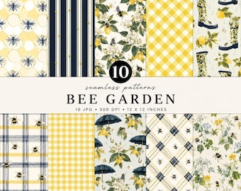 Bee Garden Seamless Pattern Bundle | Bumble Bee Digital Paper | Lemon Floral Pattern |Cottagecore Scrapbook Paper | Gingham Plaid Honey Bee
