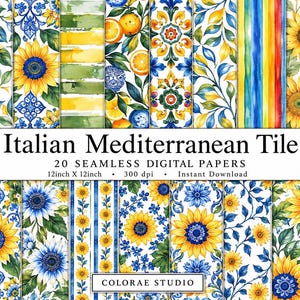 Puede incluir: Una colección de 20 papeles digitales sin costuras con patrones de azulejos mediterráneos italianos, que incluyen girasoles, cítricos, motivos florales azules y rayas verticales en amarillo, azul y verde, etiquetada como Italian Mediterranean Tile.