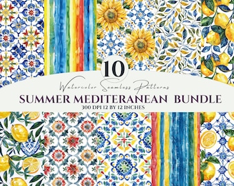 Summer Mediterranean Seamless Pattern Bundle, Digital Paper, Lemon Florals bundle , Textile Fabric Prints, Scrapbook, Commercial