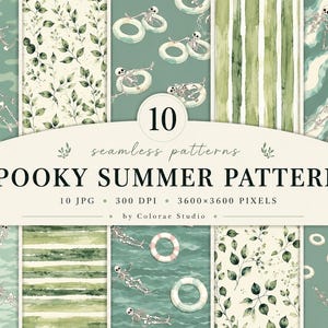 Puede incluir: Una colección de diez patrones sin costuras con un tema de verano espeluznante. Los patrones incluyen esqueletos flotando en el agua con salvavidas, diseños de hojas y rayas de acuarela. El texto dice "SPOOKY SUMMER PATTERNS".